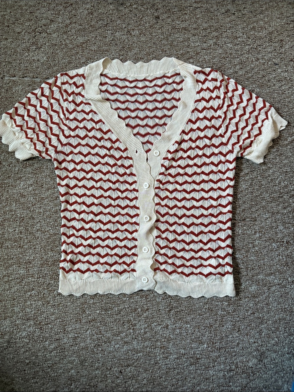 SHEIN Cream and Rust Chevron Button-Down Knit Top